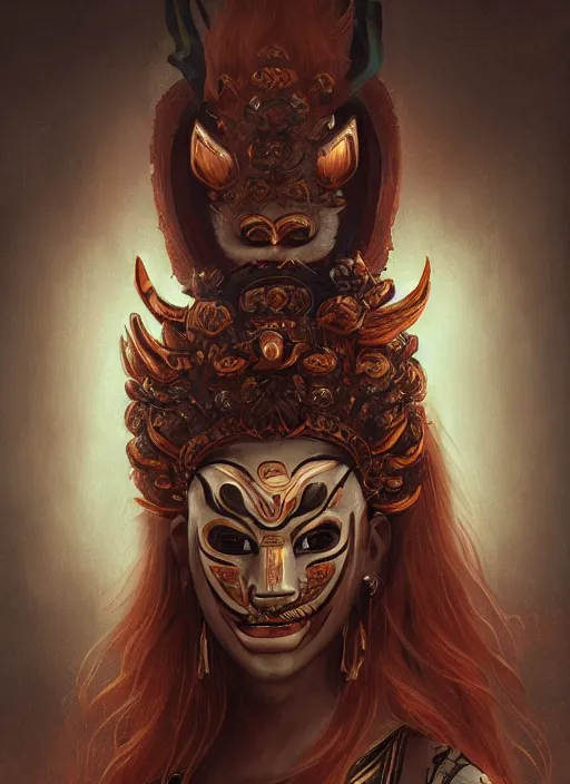 Image similar to a beautiful detailed oil on copper art illustration of a japanese oni kitsune mask shogun woman, the mask is broken, centered, by charlie bowater, zeng fanzh, trending on artstation, dim dusk lighting, cinematic lighting, detailed lighting, volumetric lighting, realistic, f 8, 4 k hd wallpaper