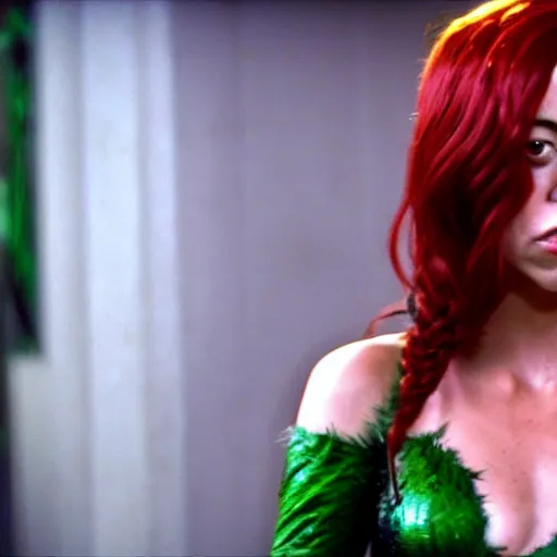 Image similar to film still of !!!Aubrey Plaza!!! as Poison Ivy in The Dark Knight, !!green skin!!, 4k