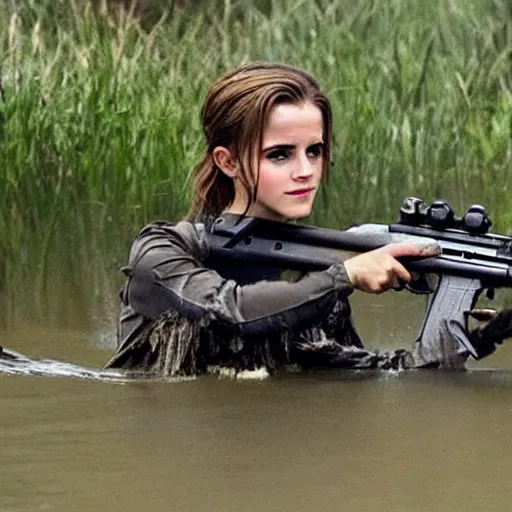 Prompt: emma watson rising out of swamp water with an ar 1 5