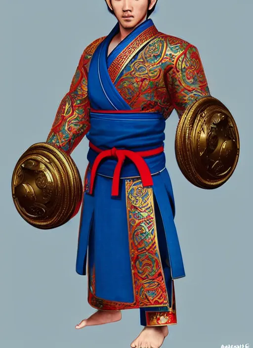 Prompt: male martial artist with a manchu hairstyle!!!! asian facial features and blue eyes!! intricate ornate blue robes!! character concept art, sharp focus, octane render! unreal engine 5! highly rendered!! trending on artstation!! detailed linework!! illustration by artgerm, wlop, and chie yoshii