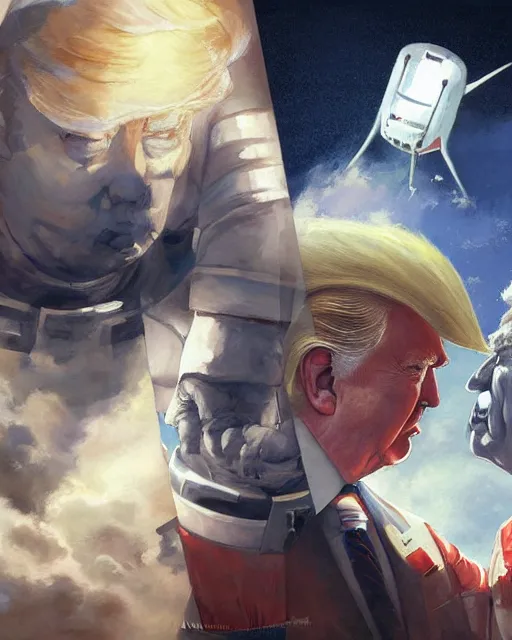 Image similar to donald trump and shinzo abe facing each other off dressed in spaceship pilot dresses shaking hands, portrait, illustration, rim light, top light, perfectly shaded, spring time, slight overcast lighting, soft painting, art by krenz cushart and wenjun lin