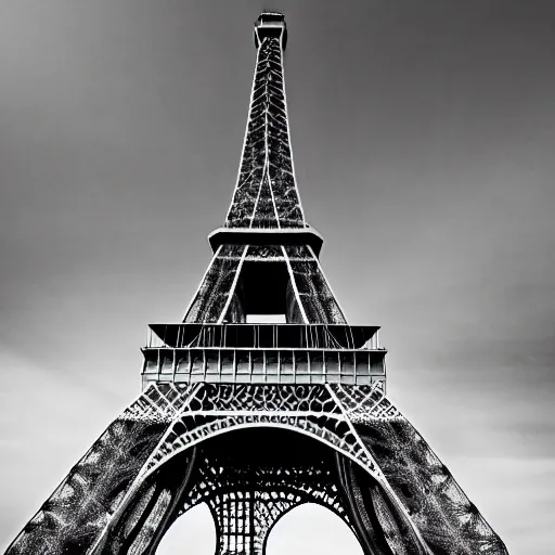 Image similar to the eiffel tower after the zombie apocalypse, dead zombies, black and white, 8k, high resolution, hyperrealistic