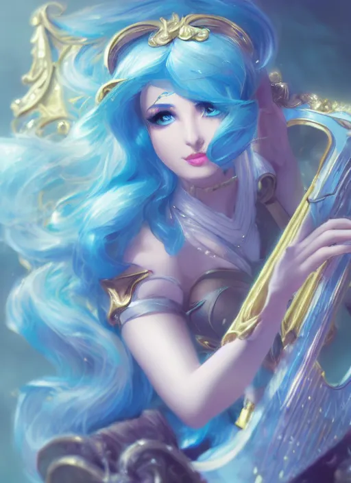 Image similar to elegant sona, from league of legends, with an harp, light blue hair, hyper detailed, digital art, trending in artstation, cinematic lighting, studio quality, smooth render, unreal engine 5 rendered, octane rendered, art style by klimt and nixeu and ian sprigger and wlop and krenz cushart