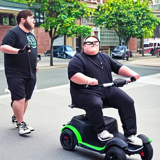 Prompt: three young extremely overweight man with down syndrome on an electric scooter