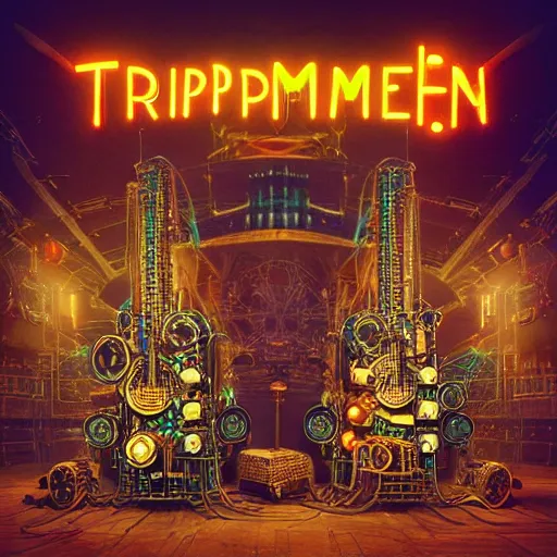 Prompt: cover art, album is called tripmachine, tripmachine, photo of a huge steampunk machinery with guitars and drums and pianos, connected with glowing tubes 8 k, fluorescent colors, halluzinogenic, multicolored, exaggerated detailed, front shot, 3 d render, octane