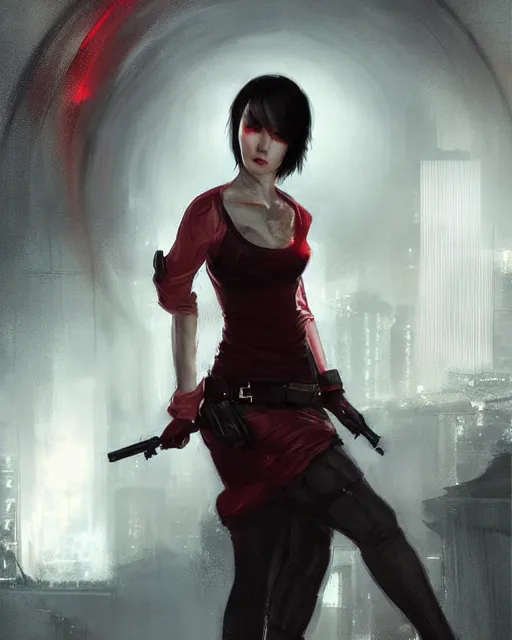 Prompt: battle hardened, sly, cunning, rugged ada wong, face centered portrait, red dinner dress, confident, ruined cityscape, zombies, fog, rain, volumetric lighting, soft light particles floating near her, illustration, perfectly shaded, soft painting, art by krenz cushart and wenjun lin