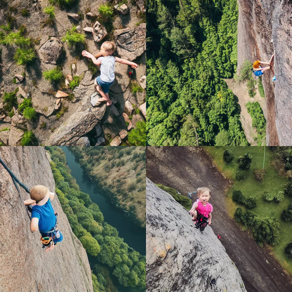 Prompt: toddler free solo climbing a mountain side drone photo