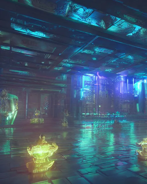 Image similar to buddhist cyber punk temple in the style of andree wallin, vitaly bulgarov, ambient lighting, unreal engine 5, neon light