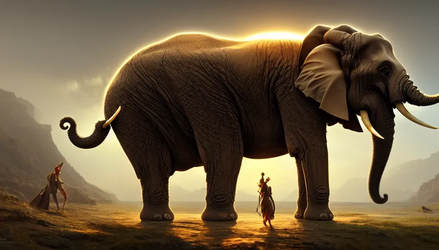 Prompt: a hybrid robot elephant designed by apple on socotra island, artgerm and greg rutkowski and alphonse mucha, an epic fantasy, volumetric light, detailed, trending on art station, octane render, midsommar