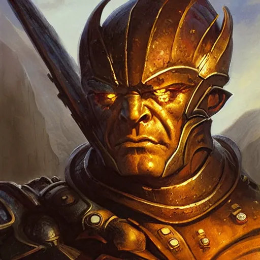 Image similar to head and shoulders portrait of an armored fire giant, d & d, fantasy, greg rutkowski, frank frazetta, alexandre chaudret, boris vallejo, michael whelan, miro petrov, hr giger, magali villeneuve, donato giancola