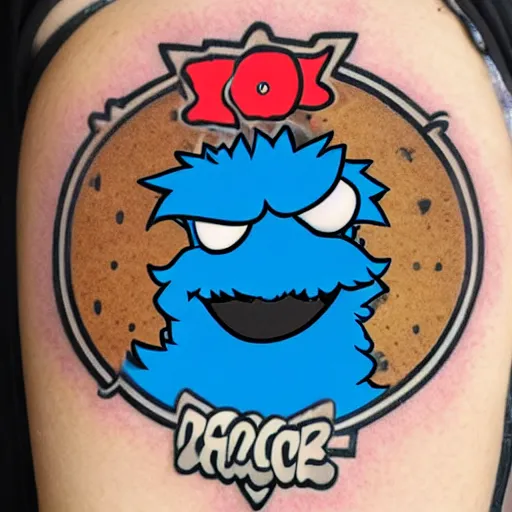 Image similar to Cookie monster as a rapper, grillz and face tattoo, sharp colors, by antgerm