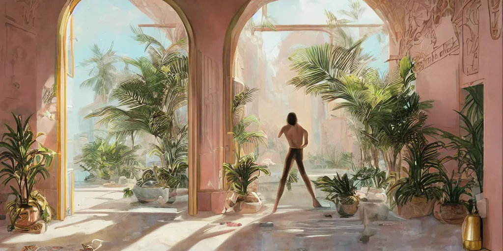 Image similar to indoor liminal space, golden light, greg rutkowski, palm trees, pink door, minimalistic, hyperrealistic surrealism, award winning masterpiece with incredible details, epic stunning, infinity pool mirrors, a surreal vaporwave liminal space with mirrors, highly detailed, trending on artstation, artgerm and greg rutkowski and alphonse mucha, daily deviation