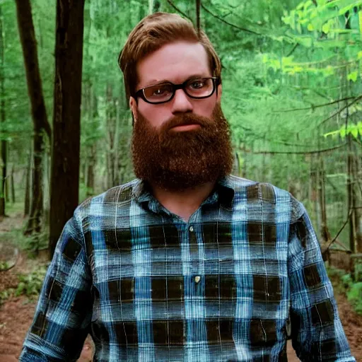 Prompt: cinematic still of 25 year old white man :: glasses : : brown beard : : dressed red plaid shirt : : holding a lightsaber : : forest background : : action movie