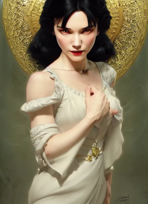Image similar to portrait of snowhite, intricate, elegant, highly detailed, my rendition, digital painting, artstation, concept art, smooth, sharp focus, illustration, art by artgerm and greg rutkowski and alphonse mucha and uang guangjian and gil elvgren and sachin teng, symmetry!!