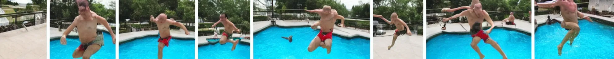 Image similar to 8 consistent frames from a video of a man jumping into a pool