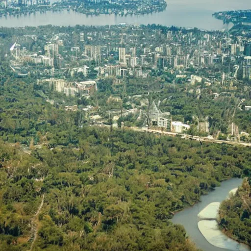 Prompt: a city on the moon with trees. river in the foreground. ocean in the background