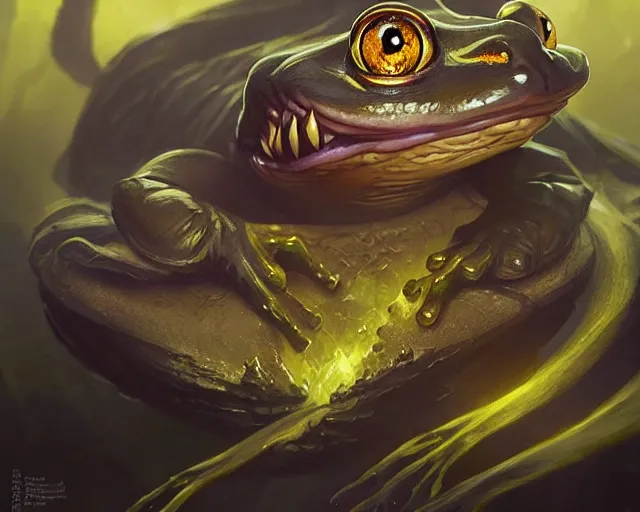 Image similar to black frog with deep big yellow eyes, deep focus, d & d, fantasy, intricate, elegant, highly detailed, digital painting, artstation, concept art, matte, sharp focus, illustration, hearthstone, art by artgerm and greg rutkowski and alphonse mucha