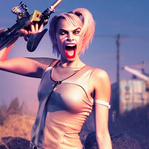 Image similar to margot robbie as tank girl, ultra detailed, concept art, 3 d render, unreal engine 5, ray tracing, fun pose, wild eyes, opened mouth, front and back, big hammer, 4 k