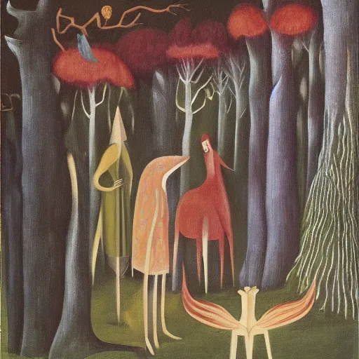 Prompt: a forest with fauna and flora, painting by leonora carrington