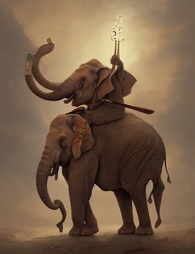 Prompt: painting of humanoid elephant wearing medieval bard clothes and holding a harp, epic, trending on artstation, masterpiece, cinematic lighting, by ross tran and by greg rutkowski