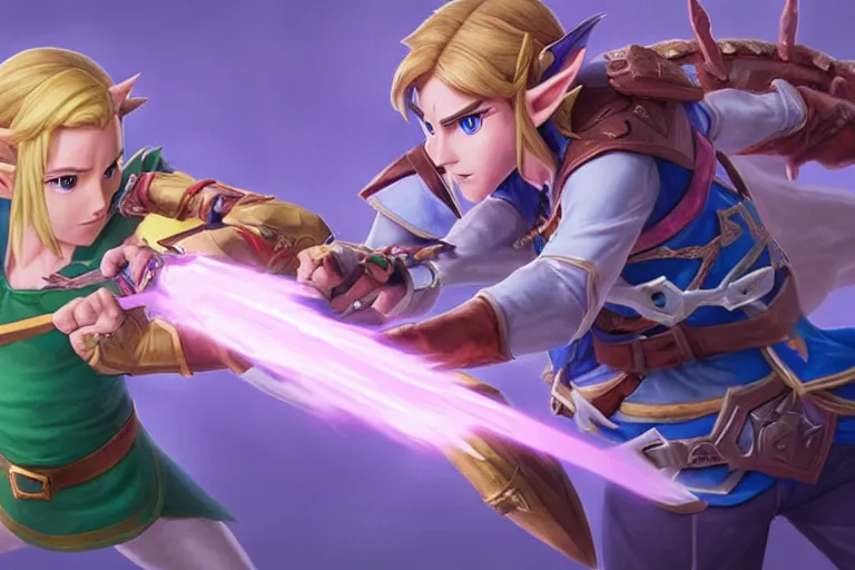 Prompt: Link fighting princess Zelda in a super smash bros ultimate battle , made by Stanley Artgerm Lau, WLOP, Rossdraws, ArtStation, CGSociety, concept art, cgsociety, octane render, trending on artstation, artstationHD, artstationHQ, unreal engine, 4k, 8k,