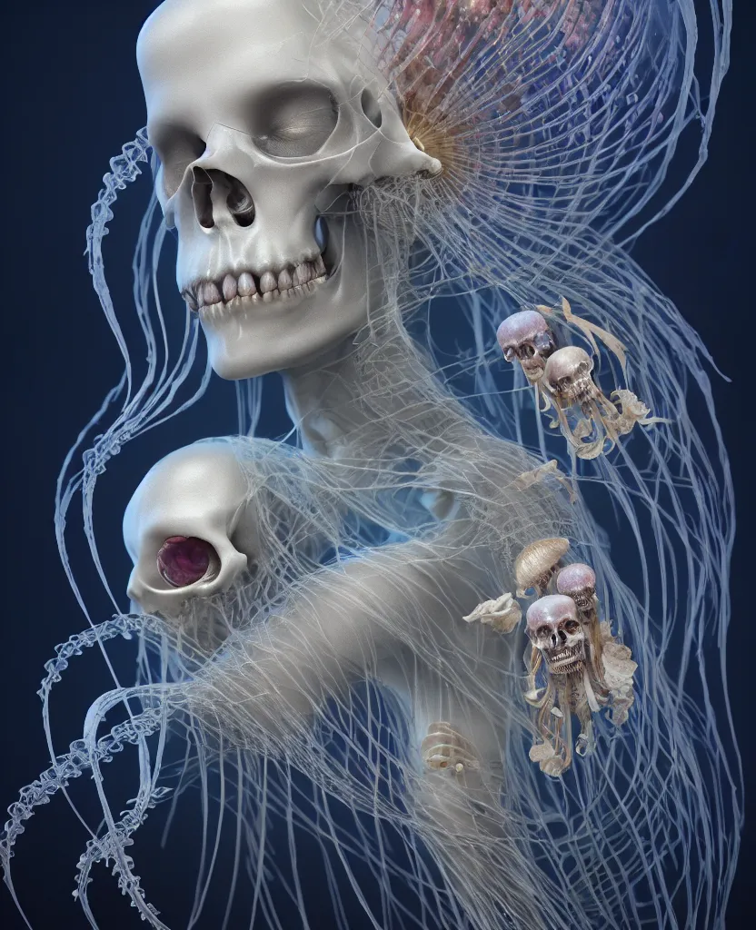 Image similar to goddess close - up portrait human skeleton, ram skull, jellyfish, orchid, betta fish, bioluminiscent, intricate artwork by tooth wu and wlop and beeple. octane render, trending on artstation, greg rutkowski very coherent symmetrical artwork. cinematic, hyper realism, high detail, octane render, 8 k