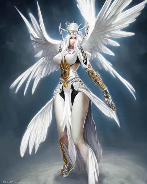 Image similar to perfect ornate white haired attractive egyptian goddess with huge white dove wings, warframe armor, beautiful, symmetric, dreamy, half asian, pretty face, blue eyes, detailed, scifi platform, laboratory, experiment, 4 k, ultra realistic, epic lighting, android body, illuminated, cinematic, masterpiece, art by akihito tsukushi, voidstar