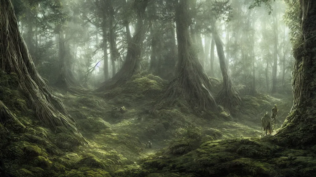 Image similar to peaceful elven forest, thick forest, large ents are visible in the background, by alan lee, michal karcz, smooth details, lord of the rings, game of thrones, smooth, detailed terrain, oil painting, trending artstation, concept art, fantasy matte painting