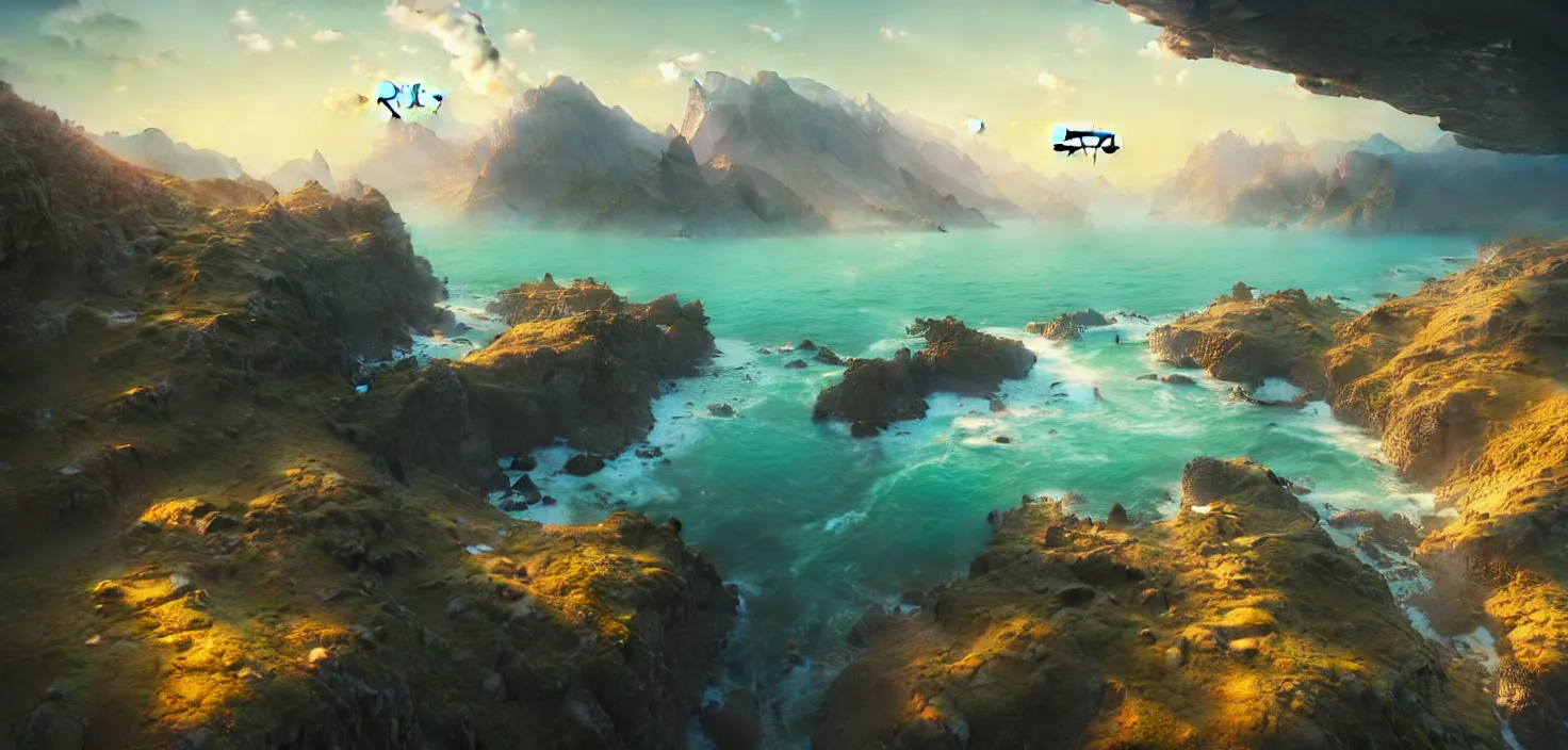 Prompt: nature landscape, aerial view, drone photography, cinematic, mountains and ocean, trending on artstation, by jordan grimmer, huge scene, art greg rutkowski