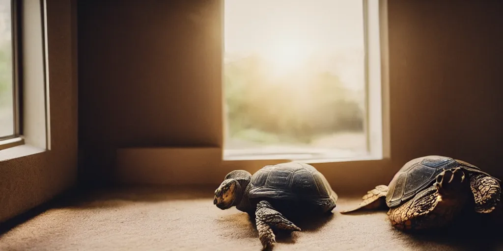 Prompt: a tortoise coloured cat sleeping by the window in the sunlight, afternoon sun, fireplace in the corner