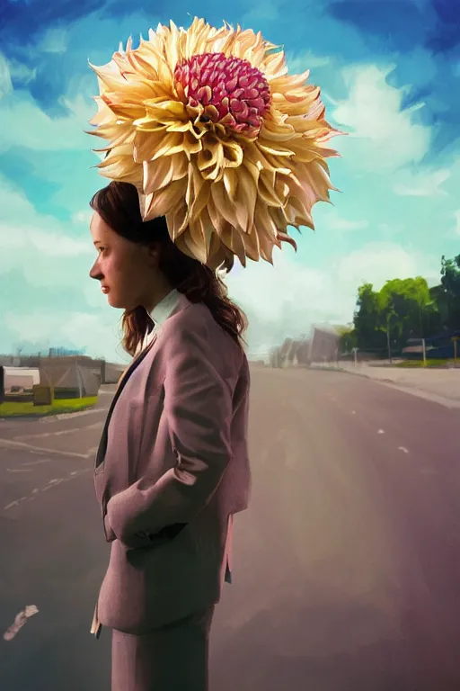 Image similar to closeup giant dahlia flower head, girl in a suit on a street, surreal photography, blue sky, sunrise, dramatic light, impressionist painting, digital painting, artstation, simon stalenhag