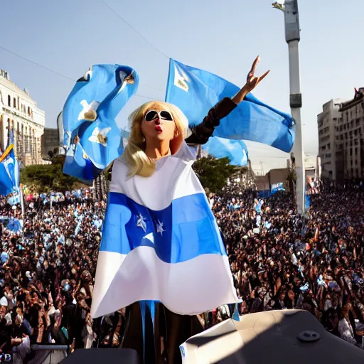 Image similar to Lady Gaga as president, Argentina presidential rally, Argentine flags behind, bokeh, giving a speech, detailed face, Argentina