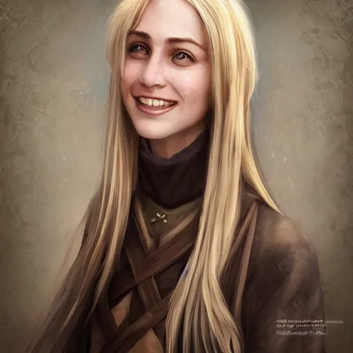 Prompt: realistic portrait, 30 years old women :: fantasy :: long straight blonde hair, windy, beeing happy, smiling :: attractive, symmetric face :: brown woven medieval clothing, natural materials :: high detail, digital art, RPG, concept art, illustration
