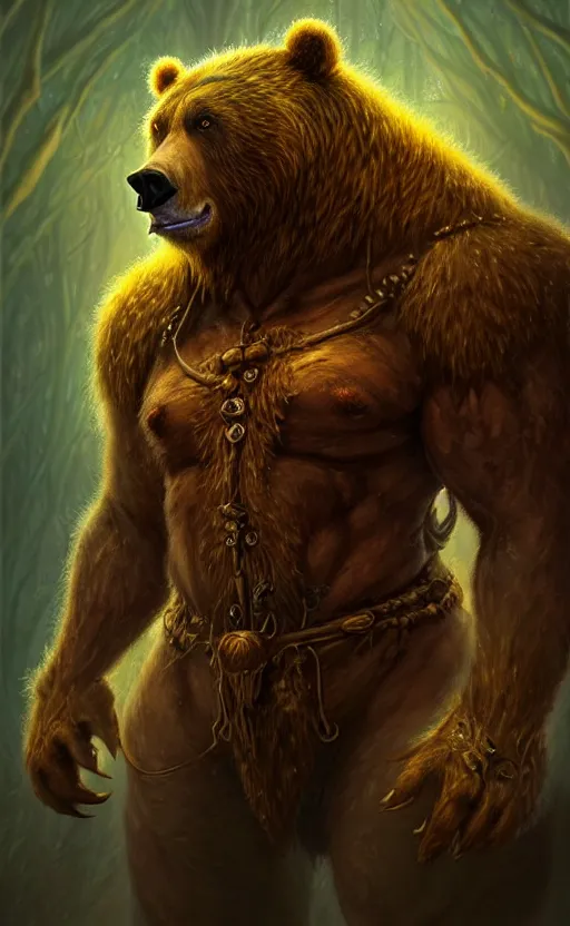 Prompt: epic professional digital art of orc bear druid, radiant gold ambient light, painted,, heroic ', mythic, detailed, intricate, leesha hannigan, wayne haag, reyna rochin, ignacio fernandez rios, mark ryden, van herpen, best on artstation, cgsociety, epic, stunning, gorgeous, much wow, cinematic