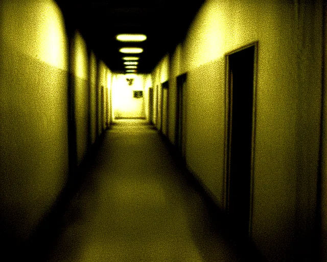 Image similar to dark abandoned hallway at night with eldritch horror, letterboxing, widescreen, 40mm tape, technicolour film, grainy, horror