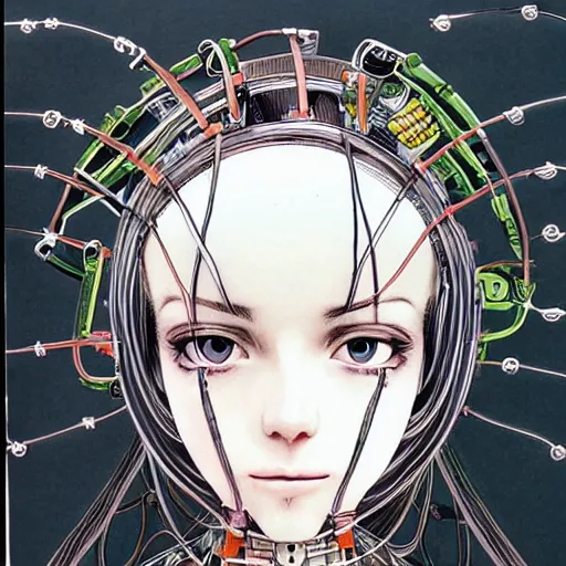 Prompt: scifi portrait of a girl wearing a strange mechanical hat covered in loose wires, copic marker, by Terada Katsuya, yoshitaka amano, tatsuyuki tanaka