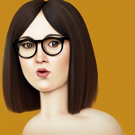 Prompt: chubby 30 year old brunette woman with straight messy hair in a short bob, round face, large glasses, romanian heritage, brown eyes, olive skin, bulbous nose, big chin, wide face, no bangs, digital art, painterly, cartoon, cute, 8k, illustration, trending on artstation, medium shot, head and shoulders