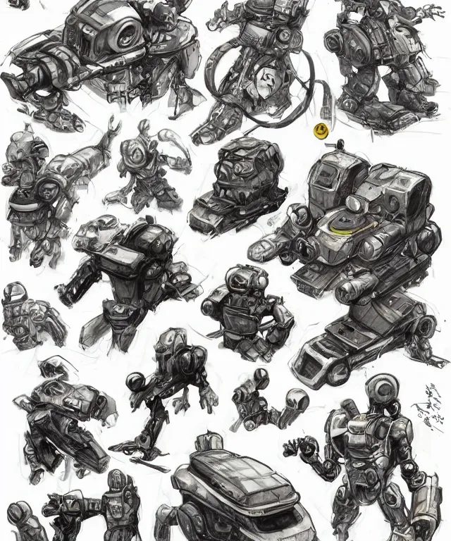 Prompt: the golden age of American illustration archive gesture drawings color pen and ink and pencil sketch vehicle concept design game asset of sketches watercolor of a retro future robots by Stanley Artgerm Lau, WLOP, Rossdraws, James Jean, Andrei Riabovitchev, Marc Simonetti, and Sakimichan, tranding on artstation , assets, character design, tending on pinterest, trending on cgtalk, trending on concept art, trending on vehicle design