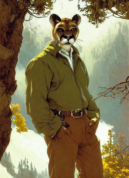 Prompt: beautiful portrait commission of a male Furry Anthro mountain lion Fursona with white fur wearing a yellow button-down shirt, olive green slacks in a old-timey western town. Atmospheric. Renowned character illustration by greg rutkowski, thomas kindkade, alphonse mucha, loish, norman rockwell. detailed, inked, western comic book art