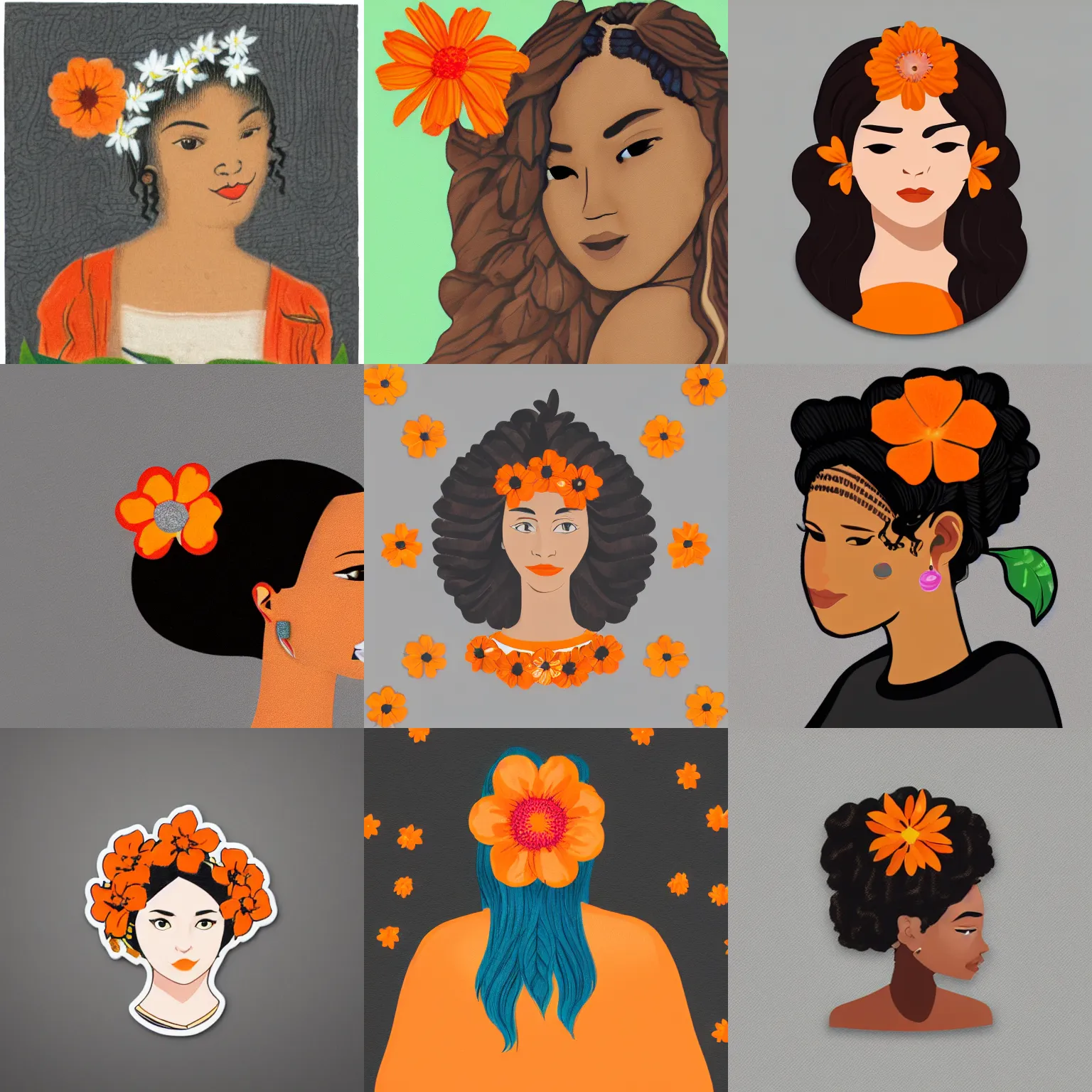 Prompt: catroon sticker of hawian woman with orange flower in her hair with white border on gray background