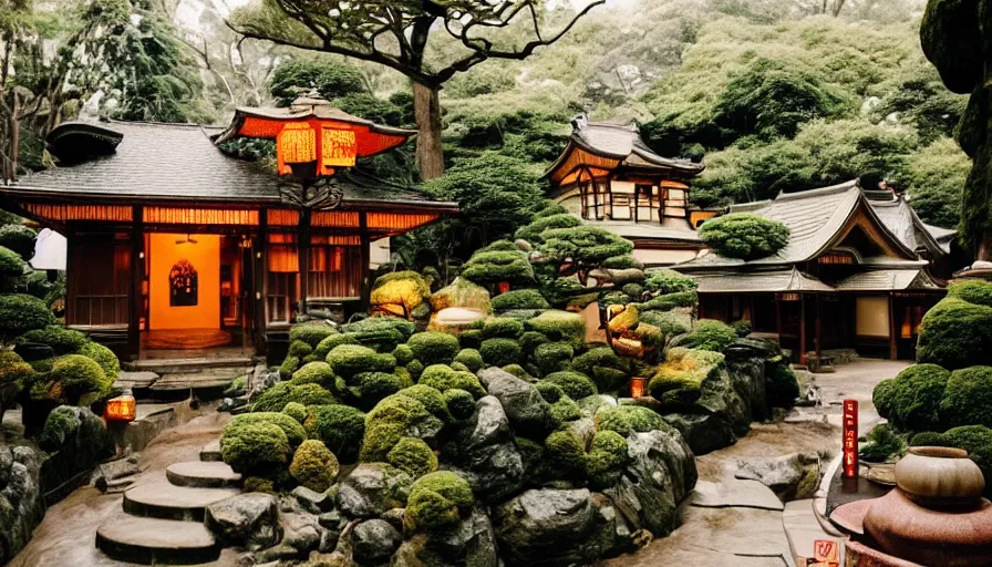 Image similar to A secret dreamy Japanese Victorian style cozy cabin cafe neighborhood city behind a waterfall with many glowing lanterns and ornate creative decorations by Gucci, lush plants and bonsai trees, fashionable people walking around, mossy rocks, bookshelves, floating koi fish, magical feeling vibes, hidden tiny houses, style by Wes Anderson and James Jean