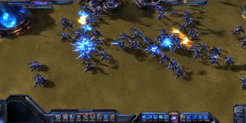 Prompt: a screenshot from starcraft 2, rts game, professional match, protoss and zerg
