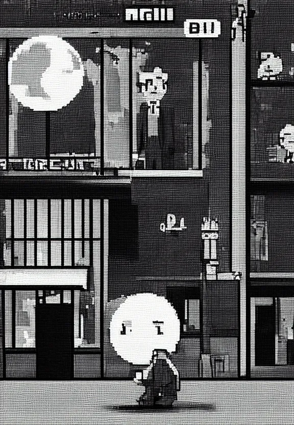 Prompt: little boy holding an umbrella in front of a bar at night, full moon, pixel art, black and white artwork