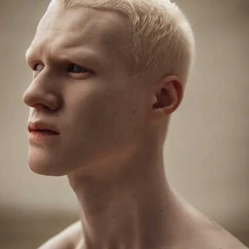 Image similar to color portrait of an albino male model by emmanuel lubezki