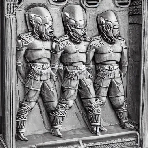 Image similar to ancient alien artifact guarded by men with guns, highly detailed, ornate, alien technology