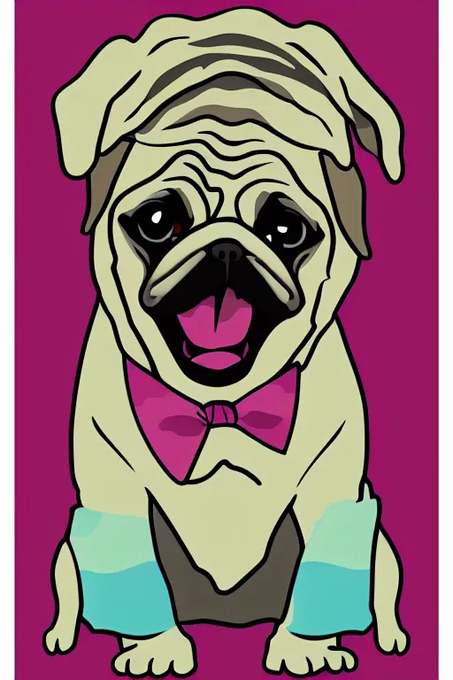 Prompt: Pug as a serial killer, sticker, colorful, illustration, highly detailed, simple, smooth and clean vector curves, no jagged lines, vector art, smooth