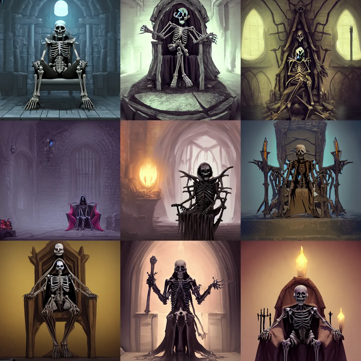 Prompt: skeletal lich wizard necromancer sitting on a throne inside dungeon crypt, trending on artstation, unreal engine, by wlop
