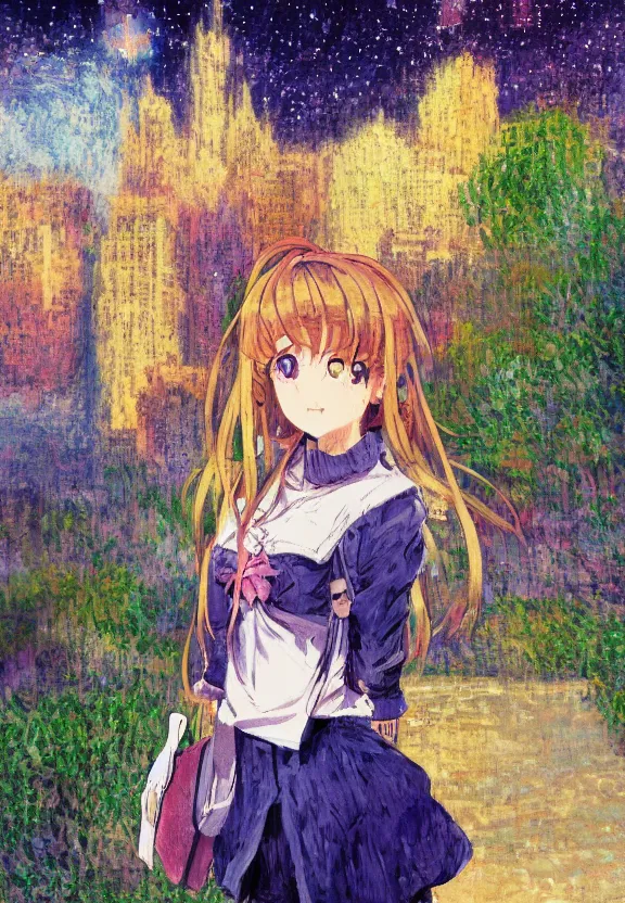 Prompt: wide angle portrait of a teenage girl, a thrifty outfit, very anime in impressionist style, city street view background, starlit night sky, anime trending artwork, anime painter studio, by claude monet