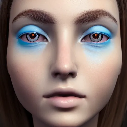 Image similar to 3 d render, hyper detailed, realistic female face and shoulders, white porcelain, fine facial features, white eyes and eyelashes, 8 k, 1 5 0 ml lens, elegant, white background pastel blue lighting, octane render, volumetric lighting - h 7 0 4