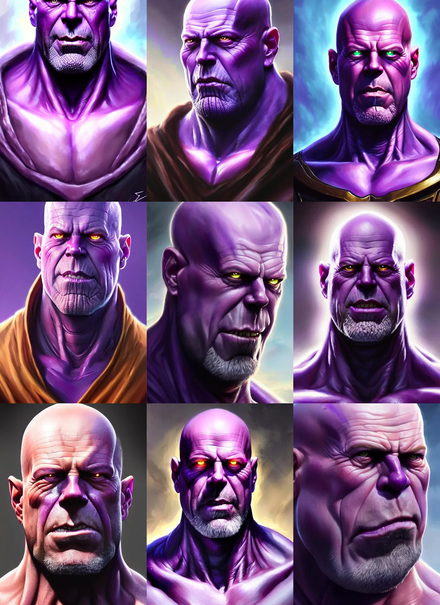 Prompt: a fantasy style portrait painting a character if bruce willis and thanos had a son, purple skin, powerful chin, thanos style traits, painting, unreal 5, daz., rpg, portrait, extremely detailed, artgerm greg rutkowski _ greg